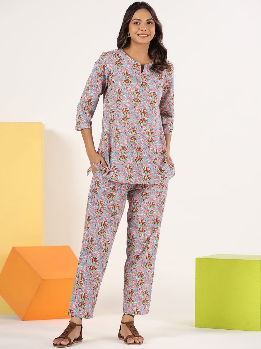 

mirari Floral Printed Pure Cotton Kurti & Pyjamas Co-Ords Set, Blue