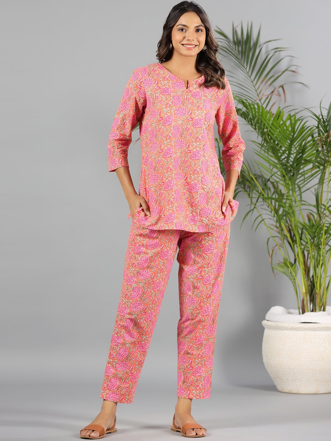 

mirari Floral Printed Pure Cotton Kurti & Pyjamas Co-Ords Set, Pink