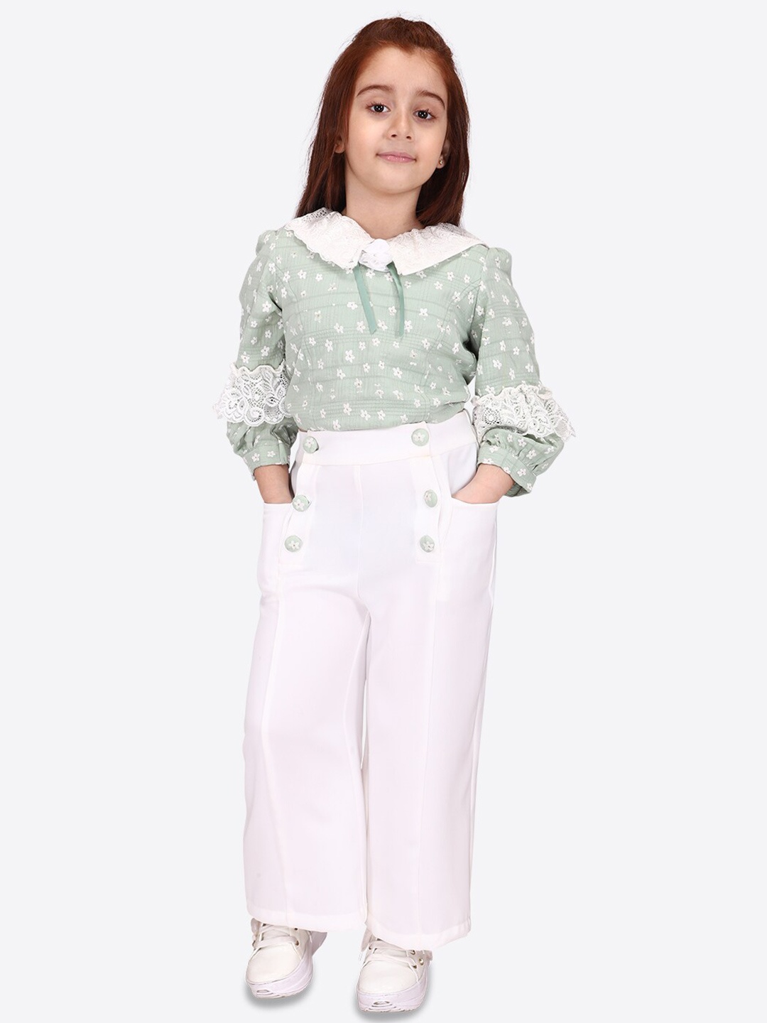 

CUTECUMBER Girls Floral Printed Top With Trousers, Green