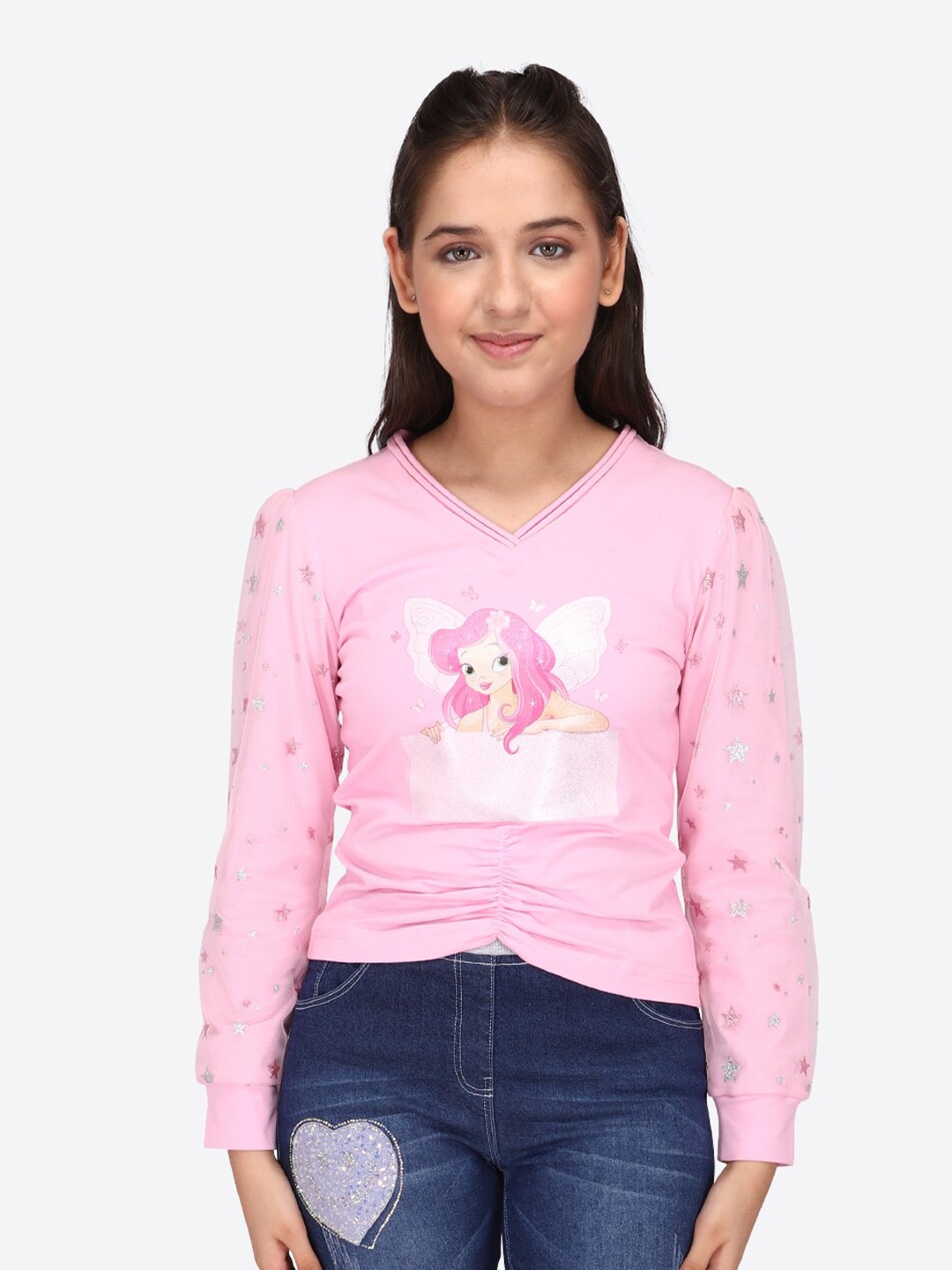 

CUTECUMBER Elsa Graphic Print V-Neck Gathered Detail Top, Pink