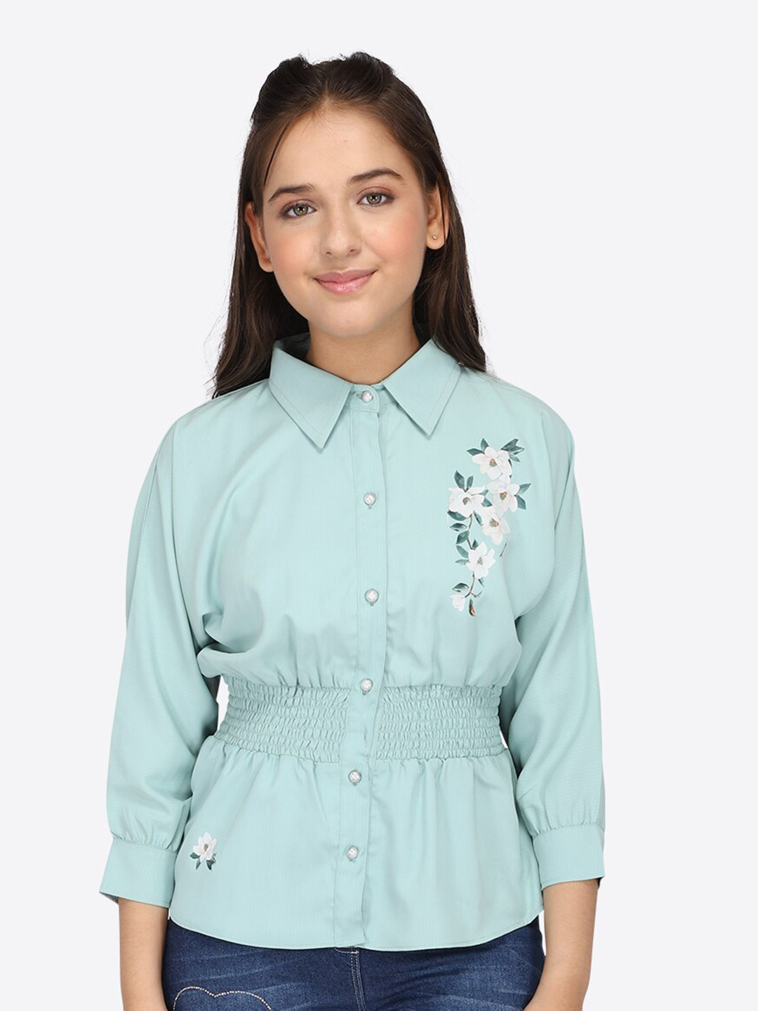 

CUTECUMBER Floral Print Smocking Satin Shirt Style Top, Green