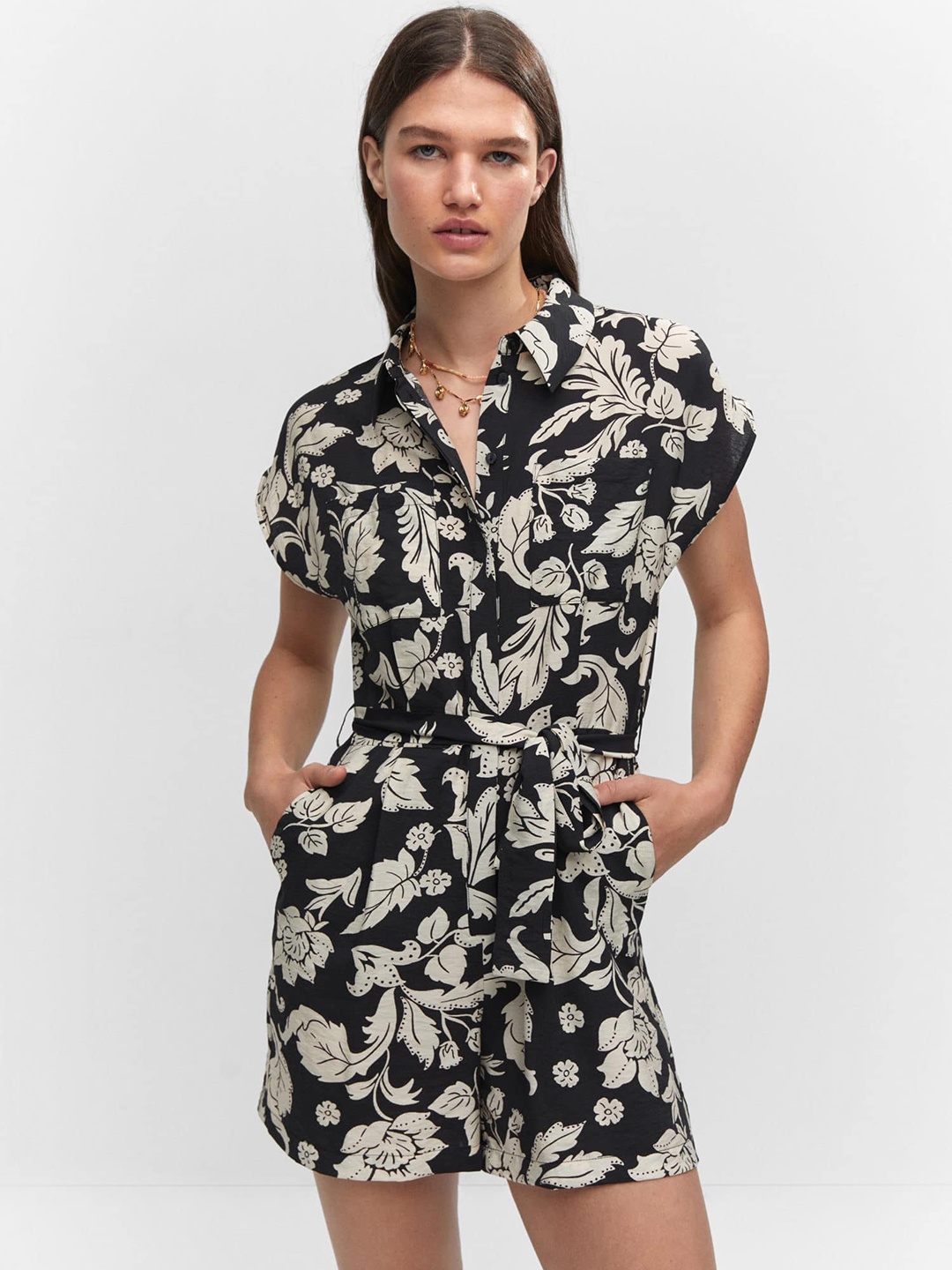 

MANGO Floral Print Playsuit, Black