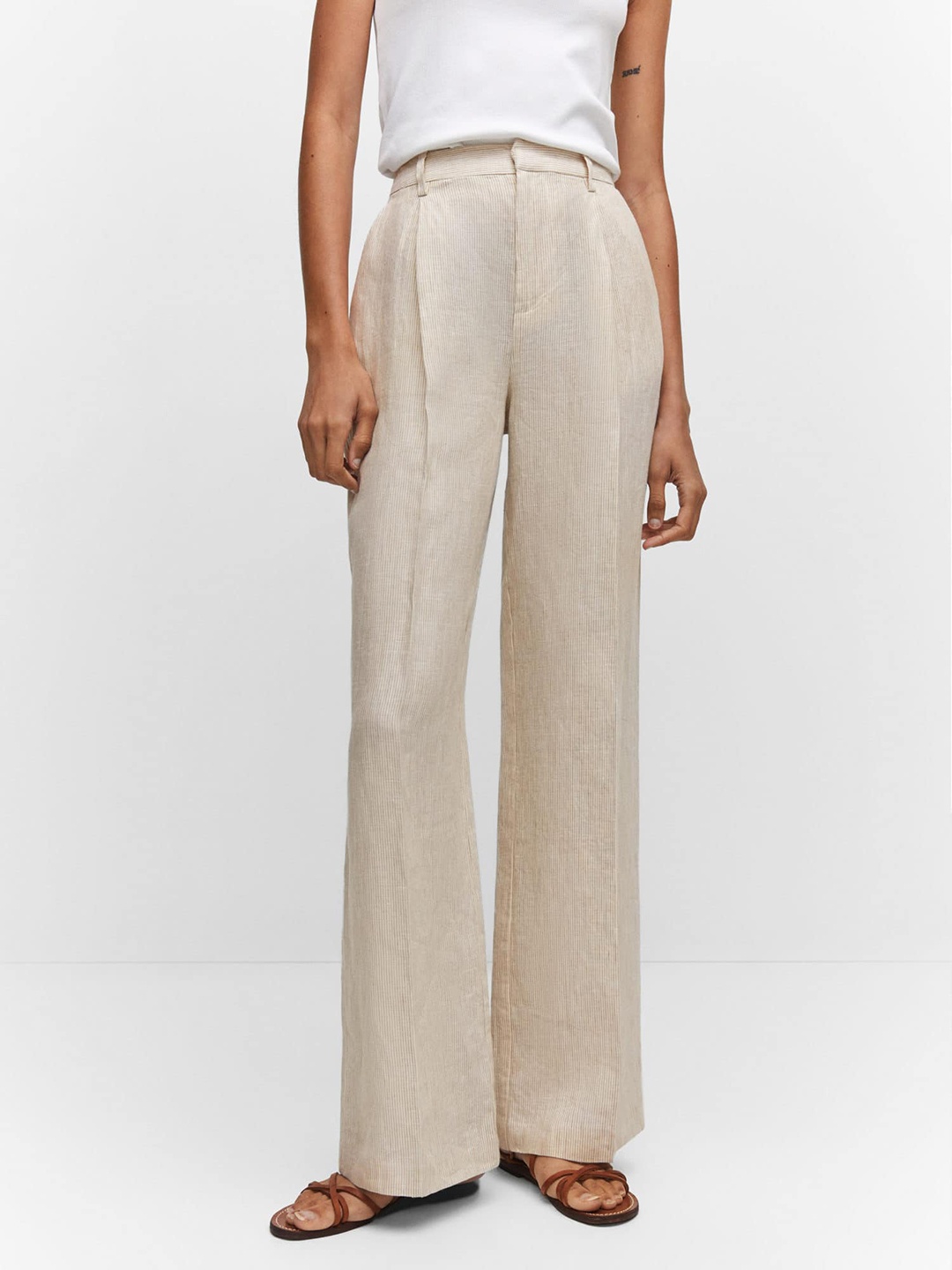 

MANGO Women Linen Wide Leg Trousers, Cream