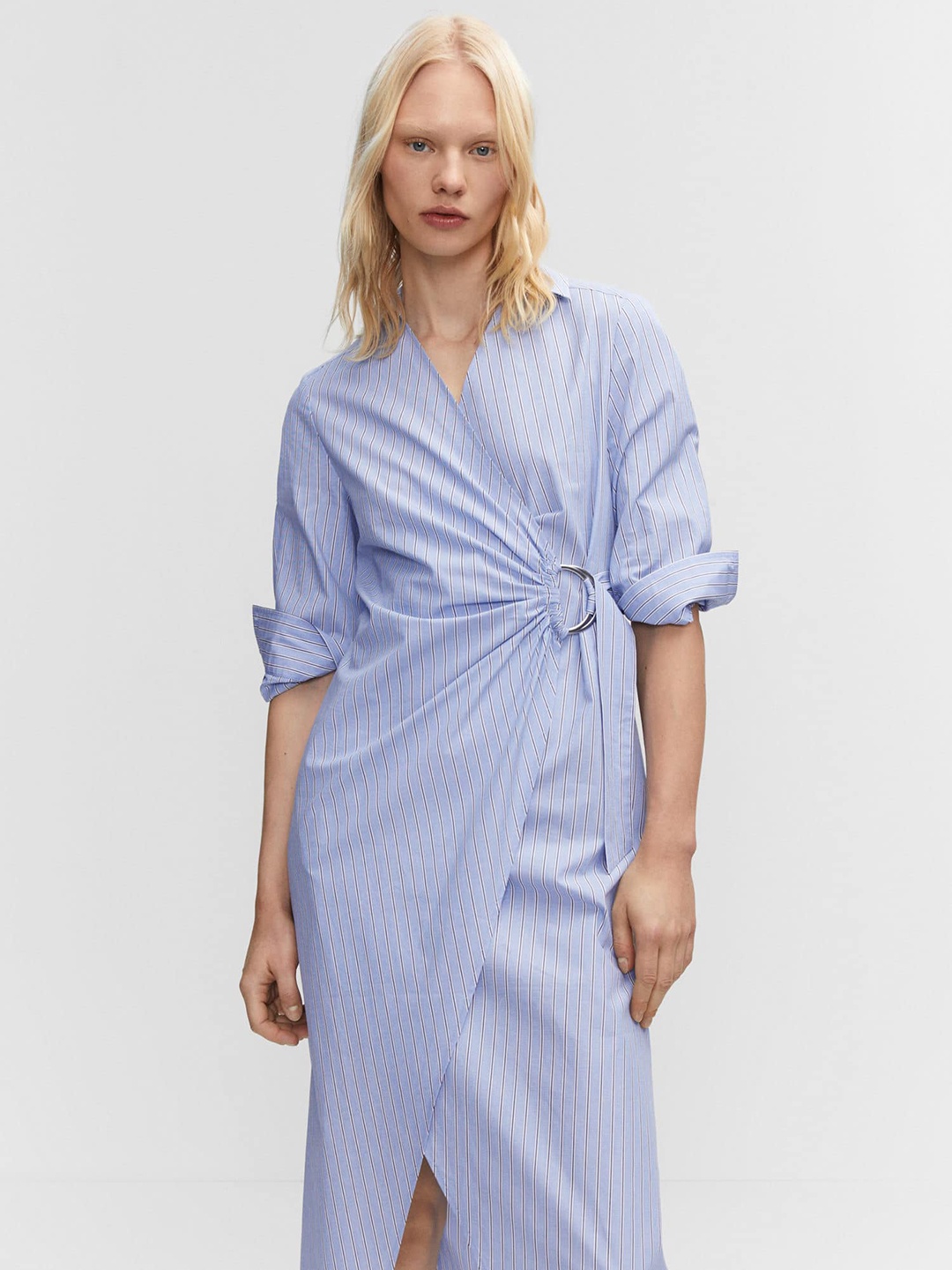 

MANGO Pure Cotton Striped Wrap Midi Dress, Blue