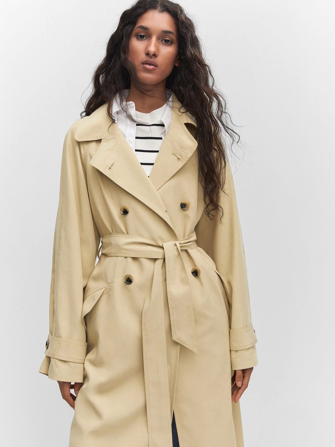

MANGO Women Solid Double-Breasted Longline Trench Coat, Beige