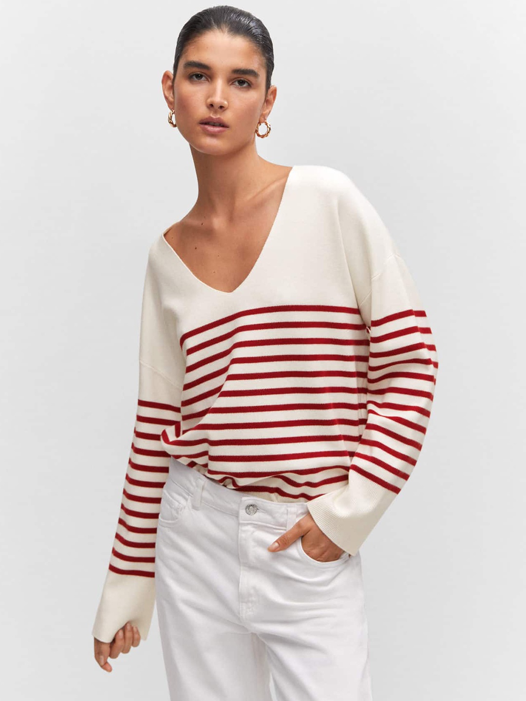 

MANGO Striped V-Neck Pullover, White