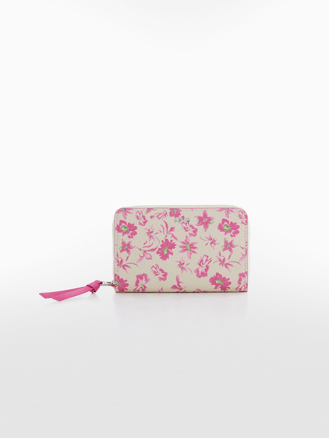 

MANGO Women Floral Printed Saffiano Effect Zip Around Wallet, Cream