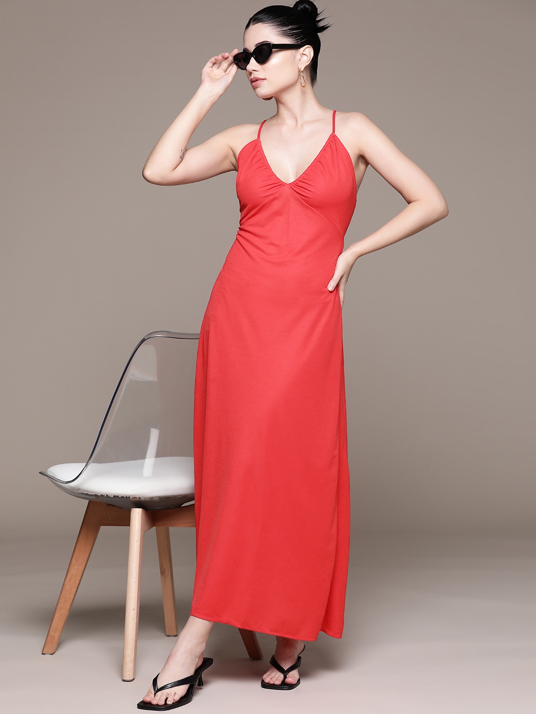 

MANGO Plunge Neck Styled Back Maxi Dress, Red