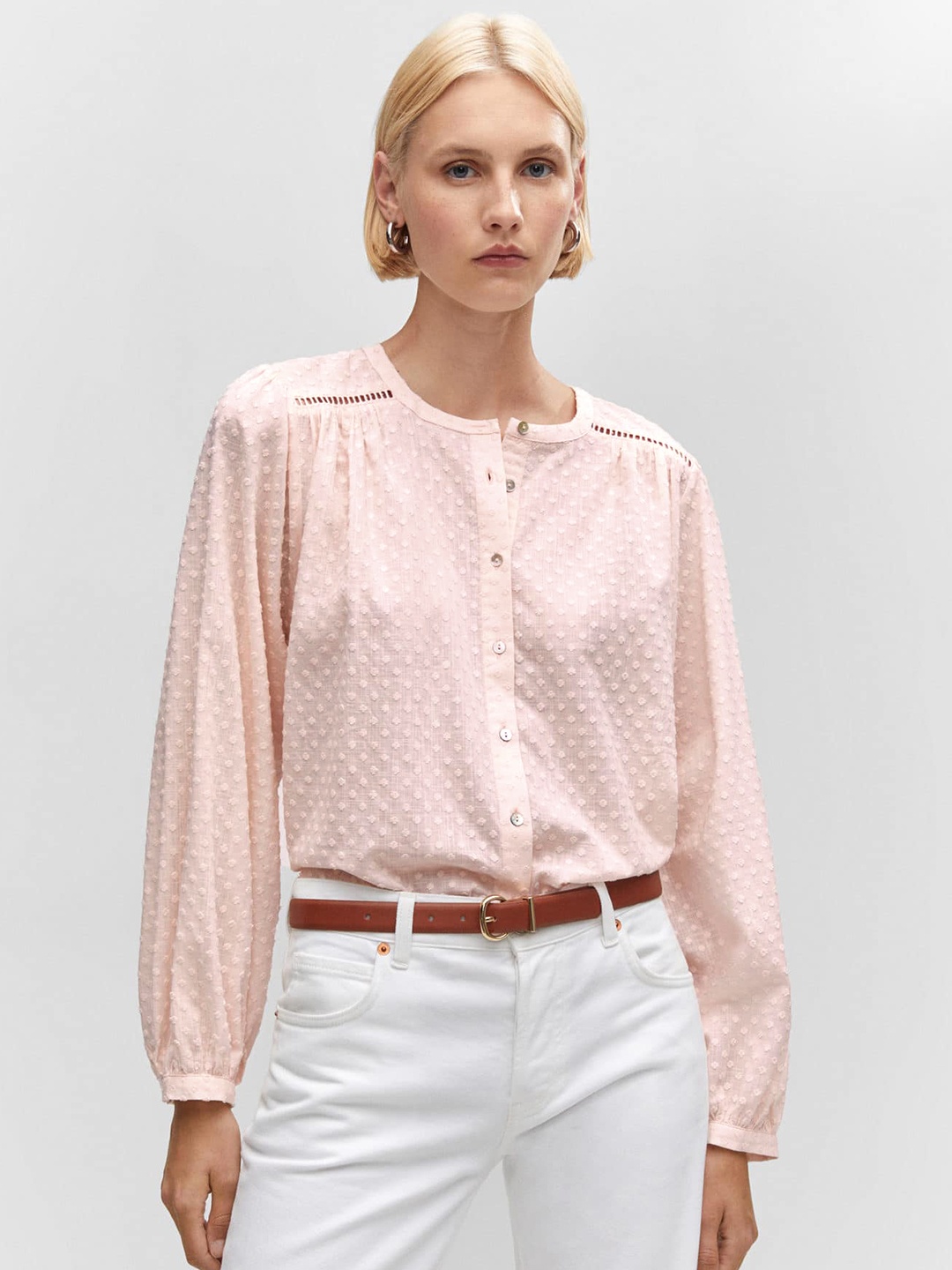 

MANGO Dobby Woven Lace Detailed Cotton Shirt Style Top, Peach