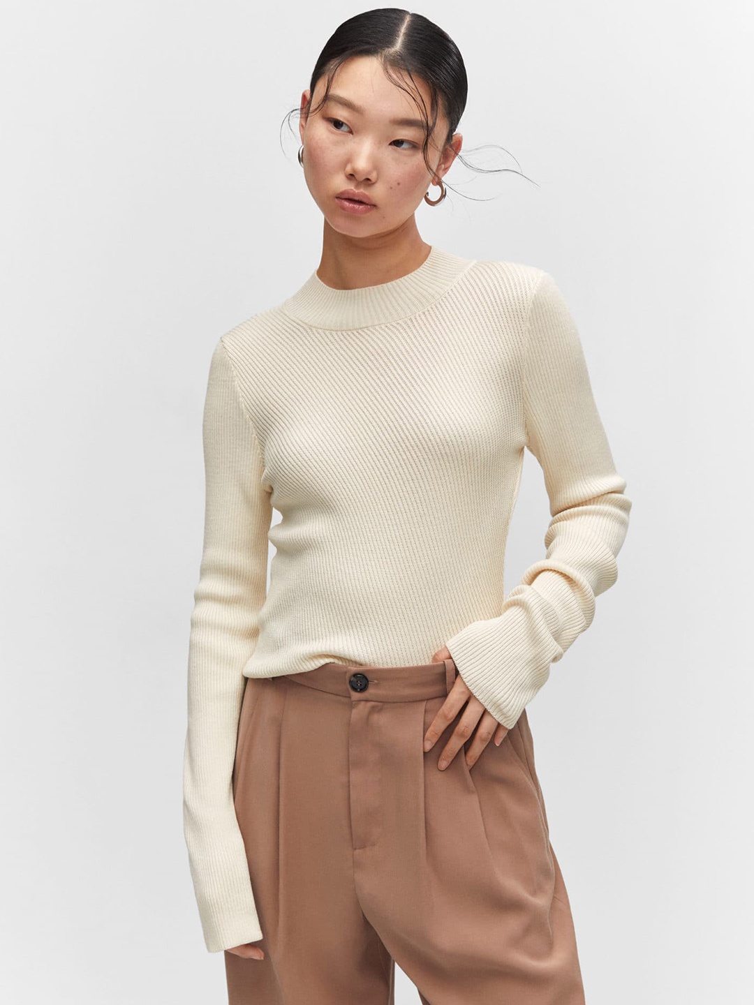 

MANGO Long Sleeves Ribbed Pullover, Off white