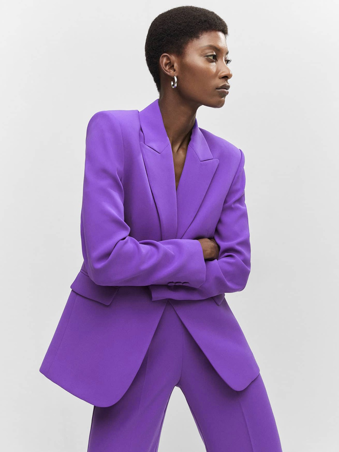 

MANGO Solid Single-Breasted Formal Blazer, Purple
