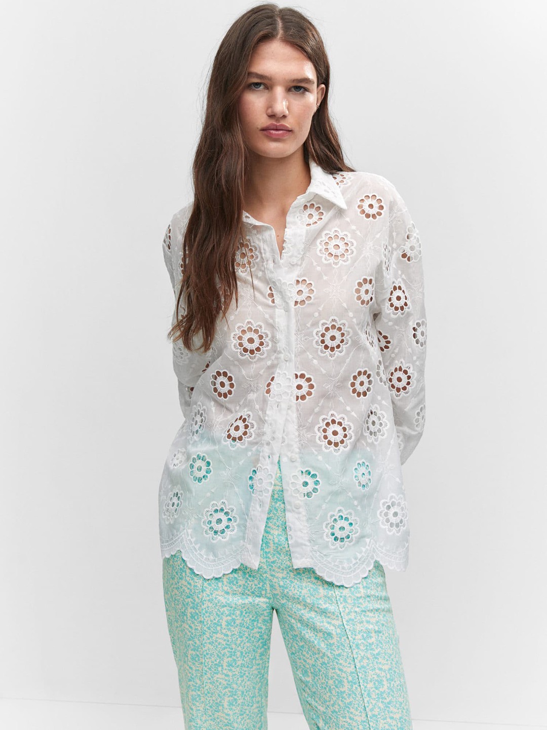 

MANGO Schiffli Detail Semi Sheer Casual Shirt, White