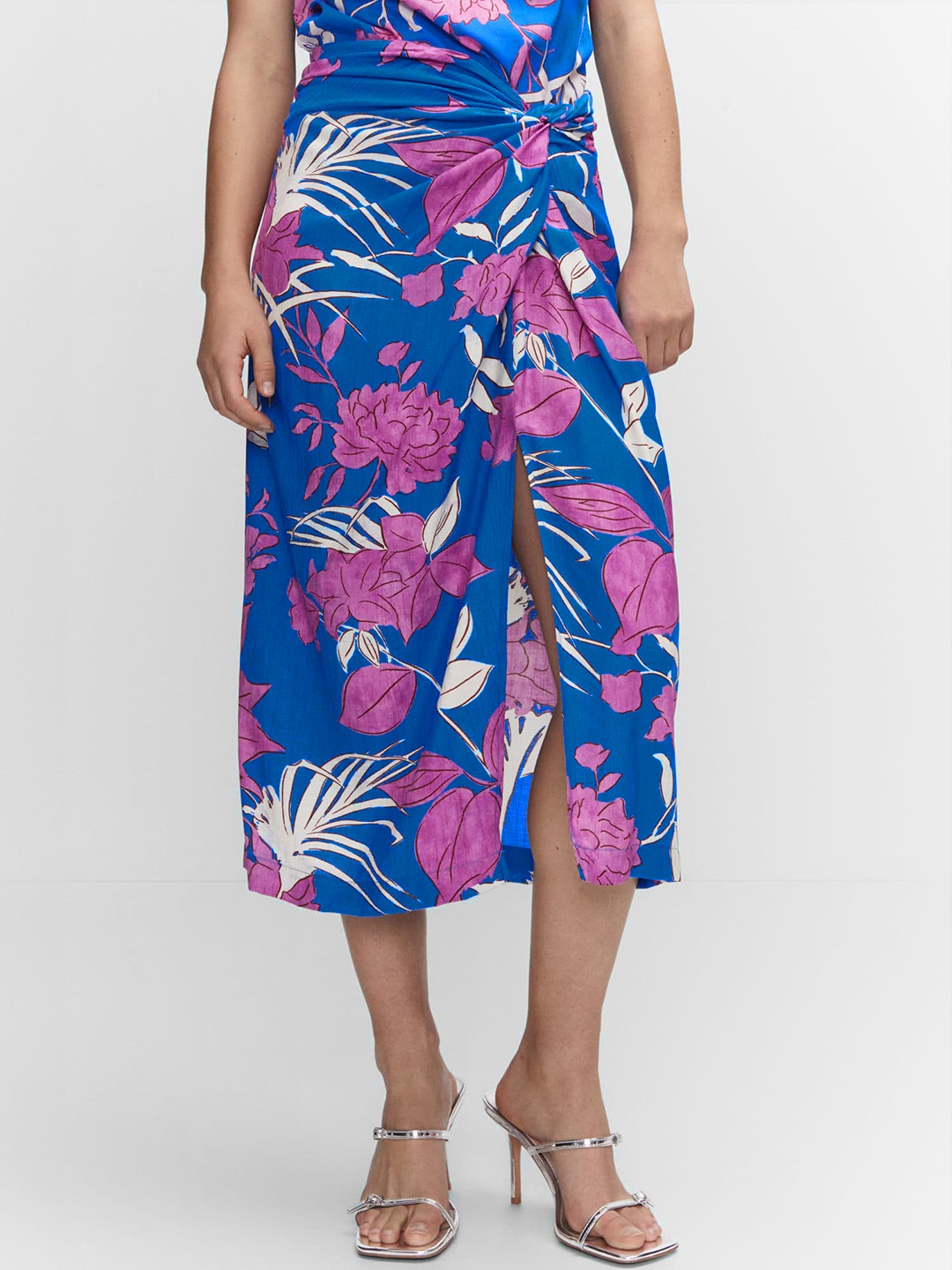 

MANGO Women Floral Printed Knotted A-line Skirt, Blue