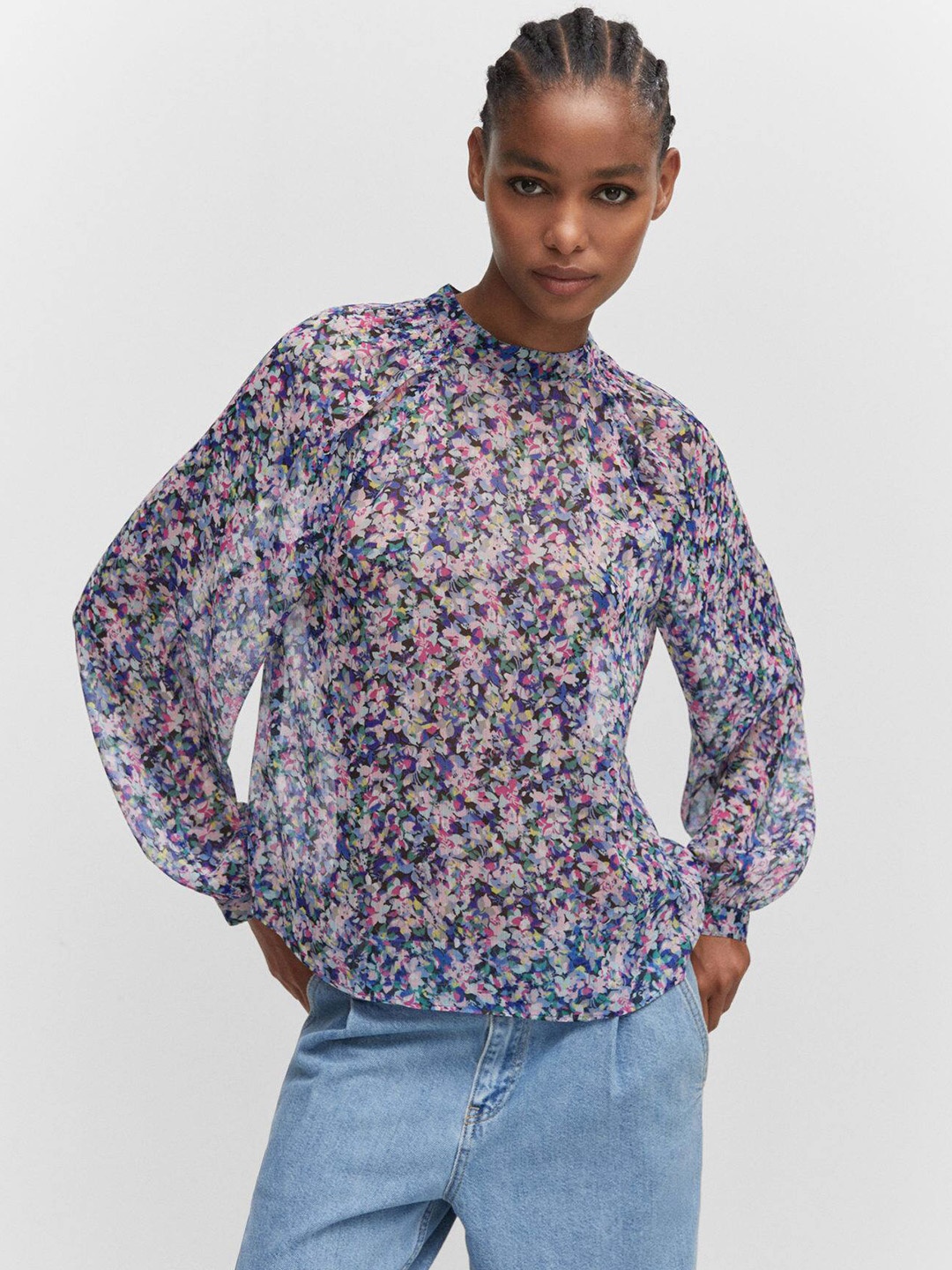 

MANGO Floral Print Puff Sleeve Top, Blue