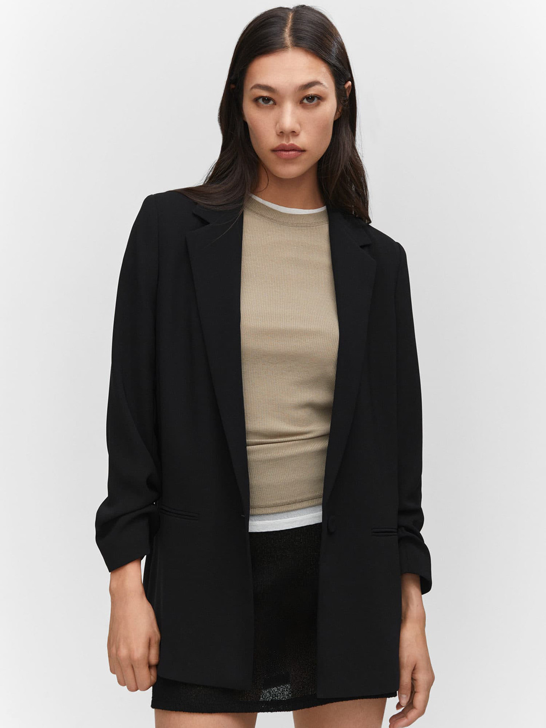 

MANGO Women Solid Single-Breasted Casual Blazer, Black