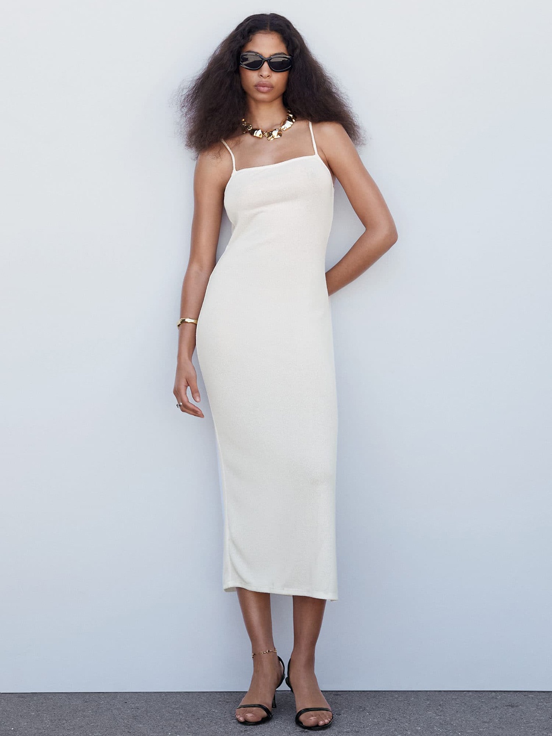 

MANGO Solid Knitted Sheath Midi Dress with Criss-Cross Back, Off white