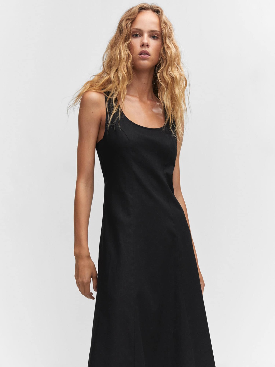 

MANGO Linen Cotton Styled Back A-Line Midi Dress, Black