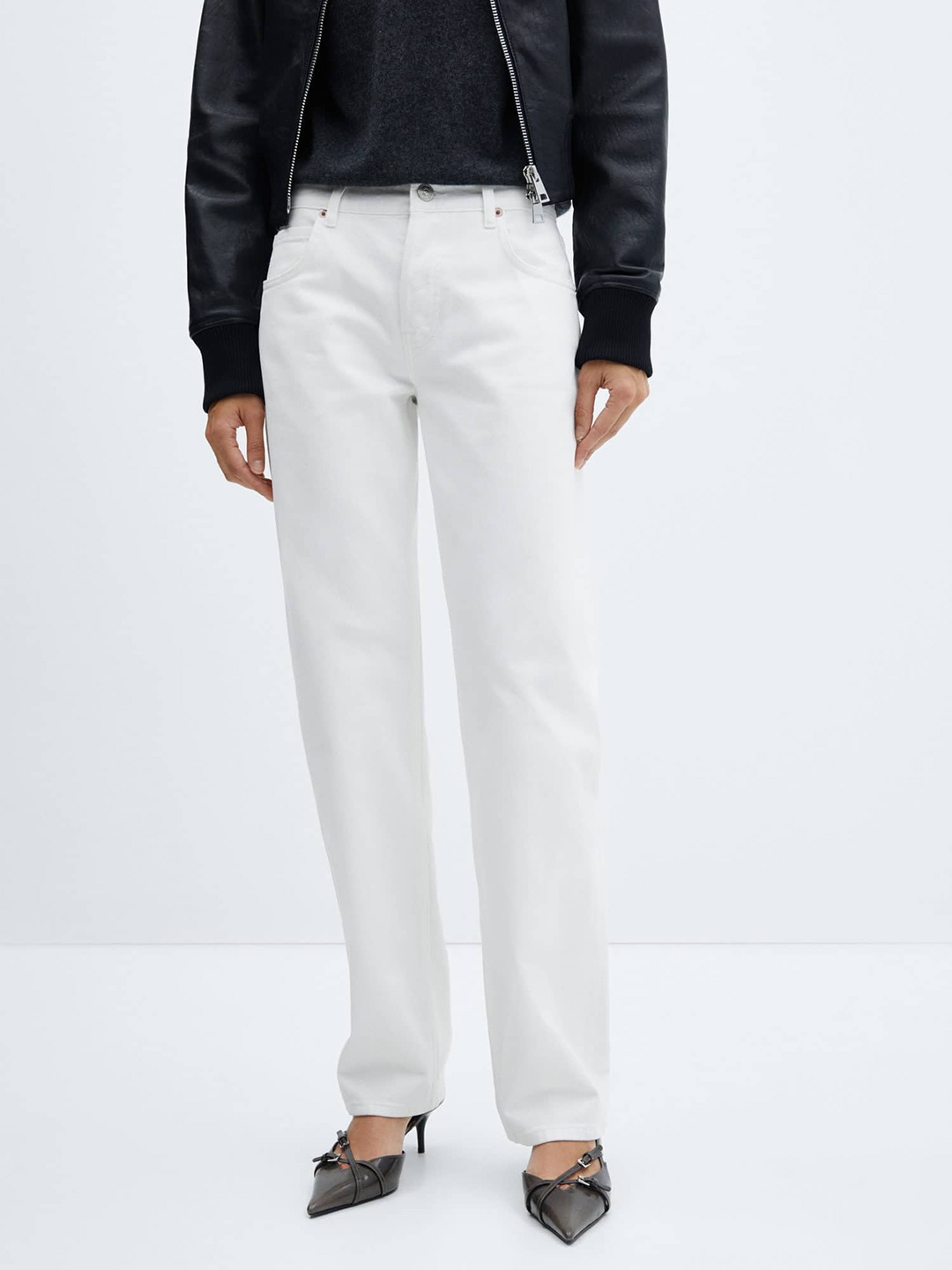 

MANGO Women Pure Cotton Straight Fit Jeans, White