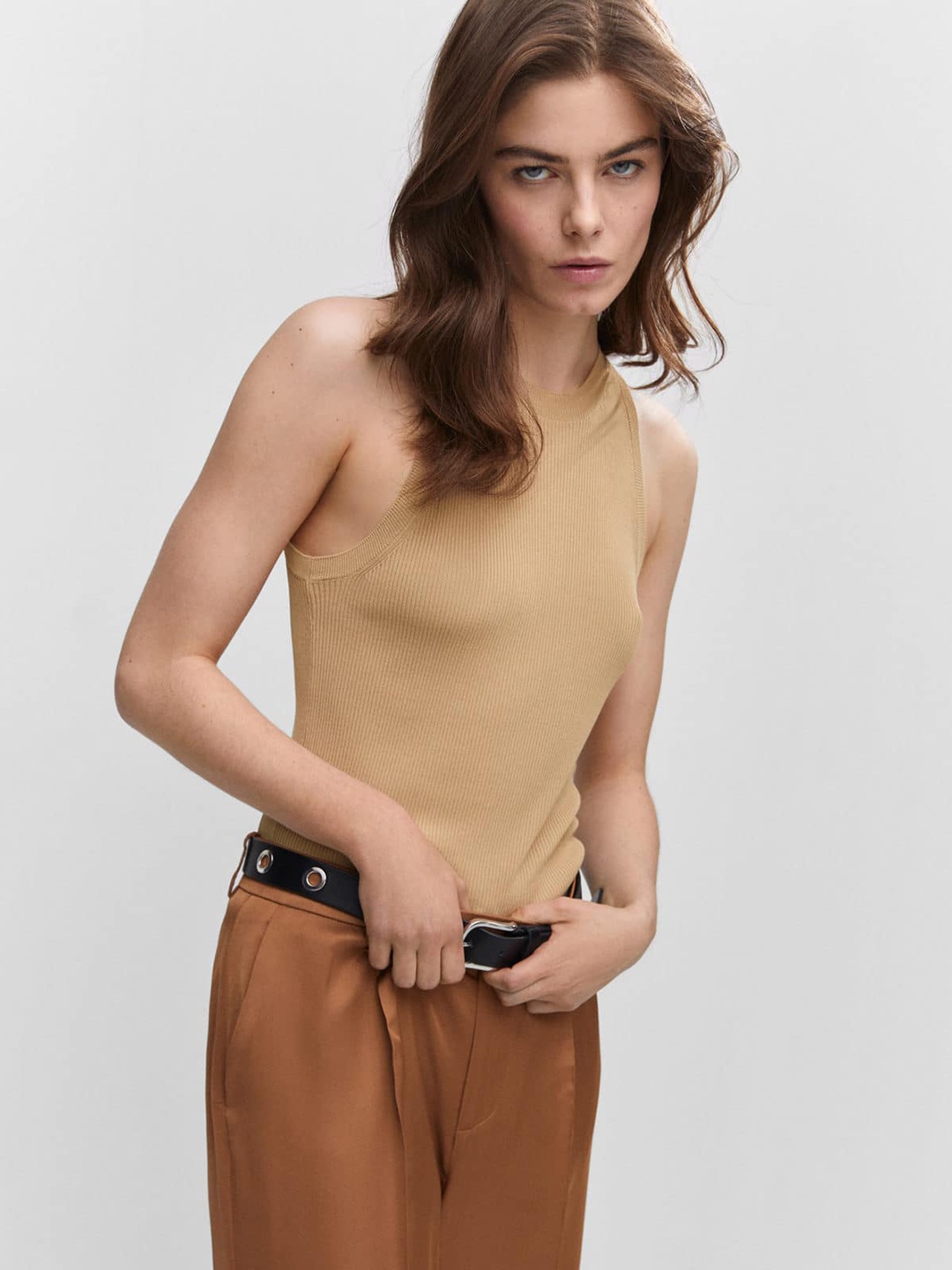 

MANGO Round Neck Fitted Top, Beige