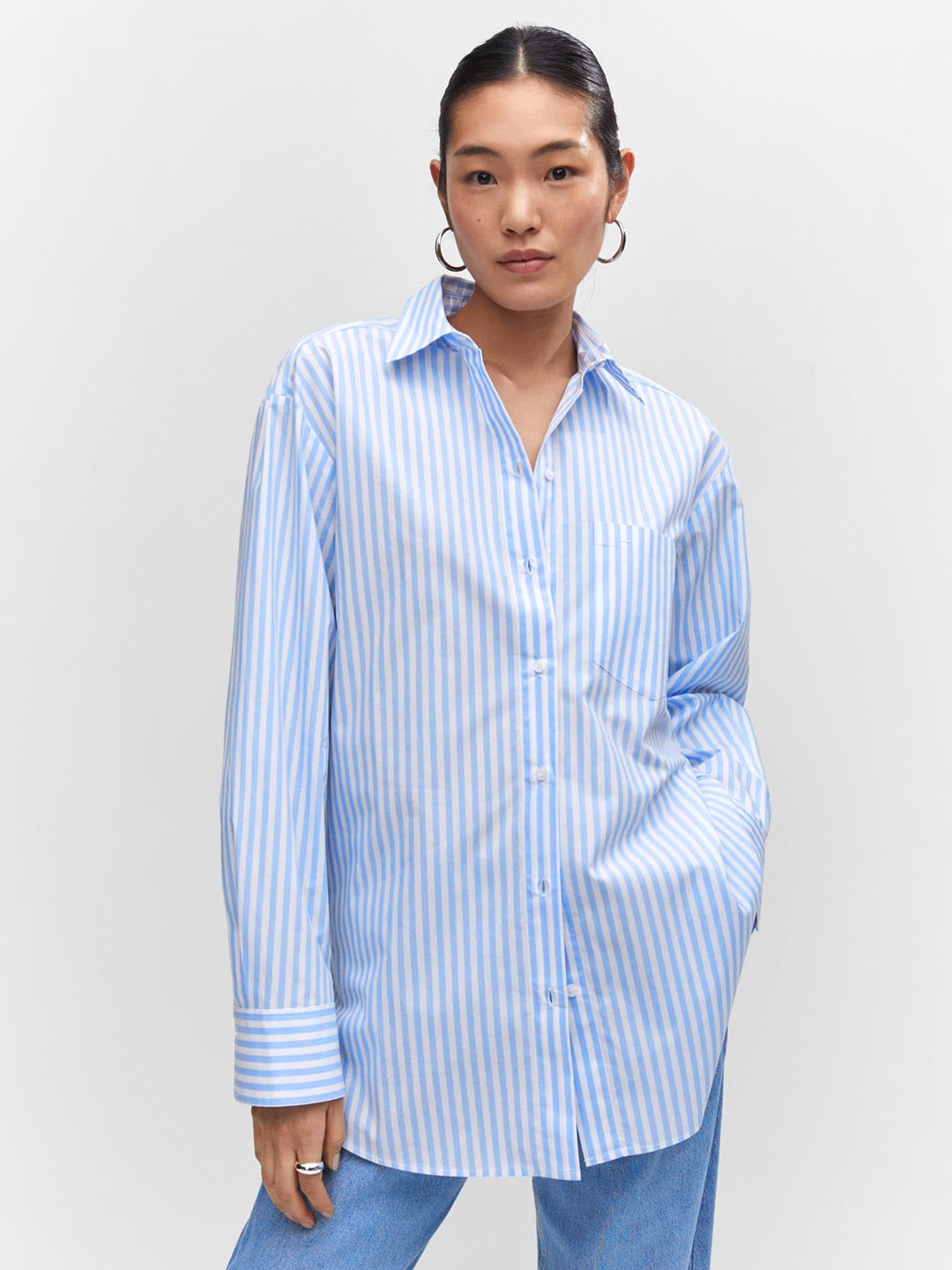 

MANGO Pure Cotton Striped Oversize Longline Casual Shirt, Blue