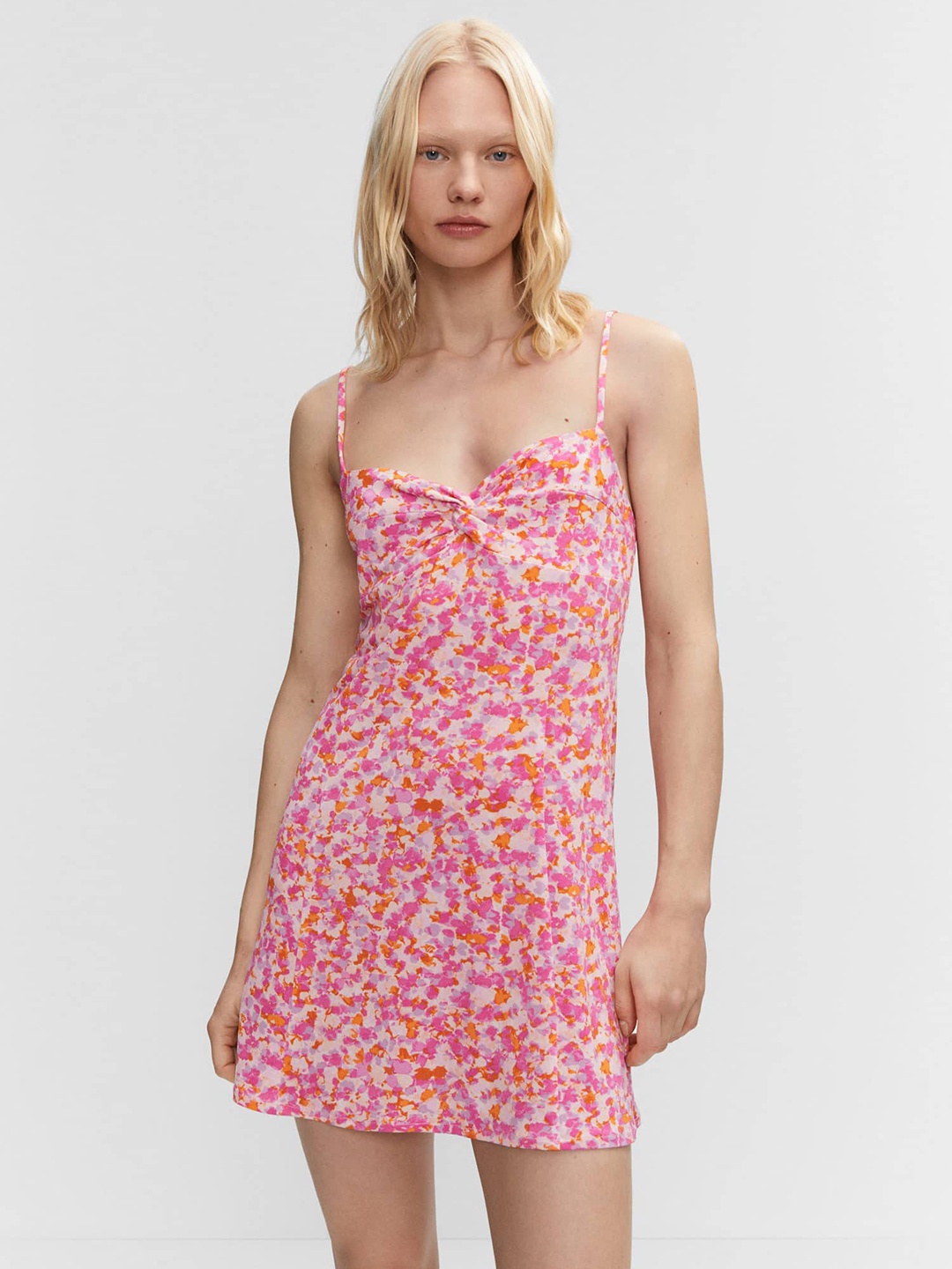 

MANGO Smocked Floral Print A-Line Mini Dress, Pink