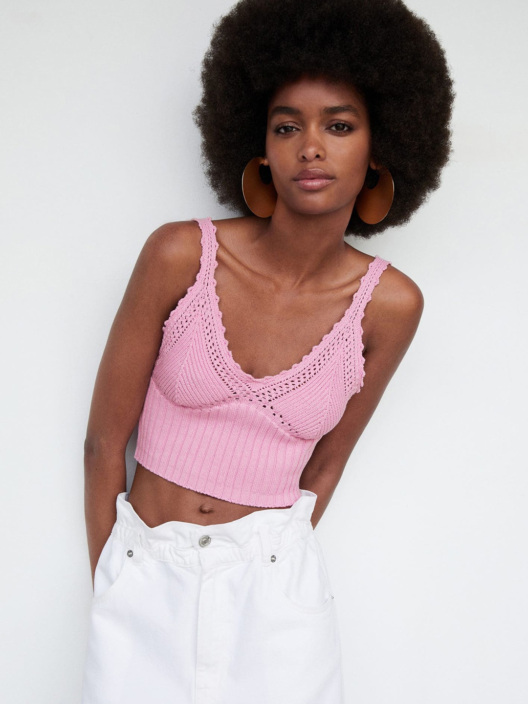 

MANGO Lace Inserted Crop Top, Pink