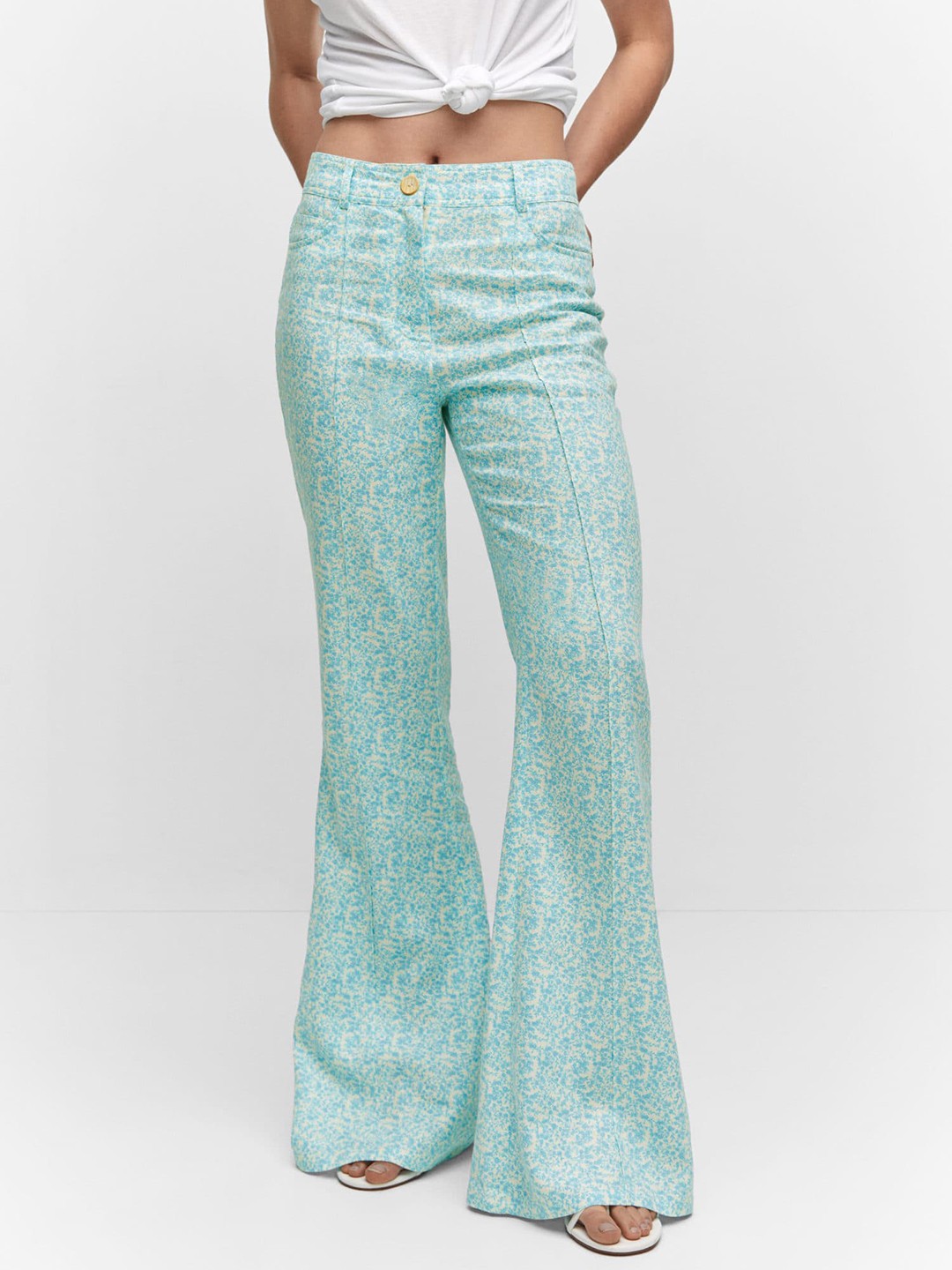 

MANGO Women Floral Printed Flared Trousers, White