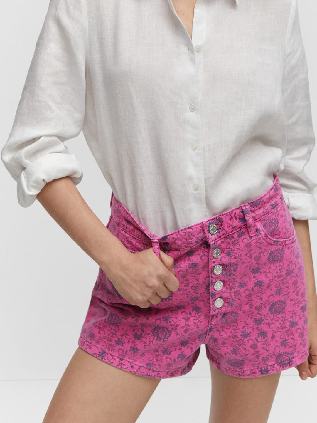 

MANGO Women Floral Print High-Rise Denim Shorts, Pink