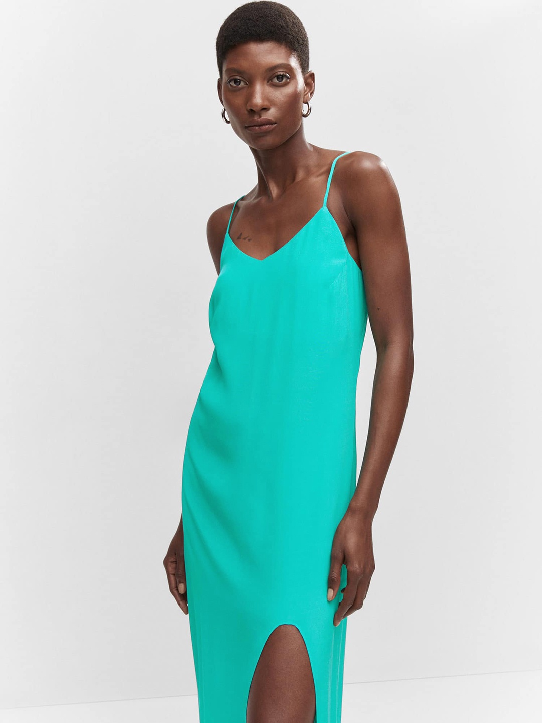 

MANGO Shoulder Straps Slip Midi Dress with Slit, Sea green