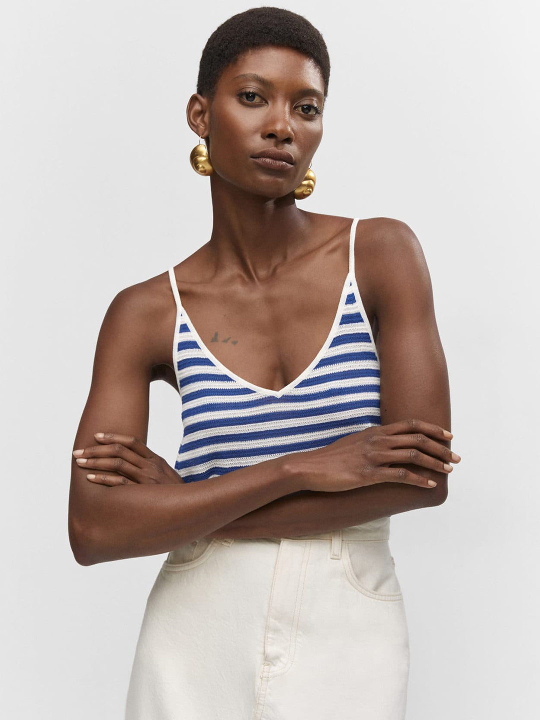 

MANGO Striped Knitted Top, Blue