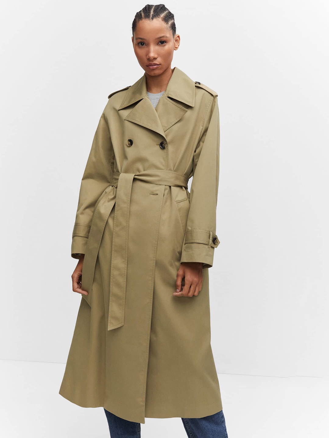 

MANGO Double-Breasted Longline Trench Coat, Beige