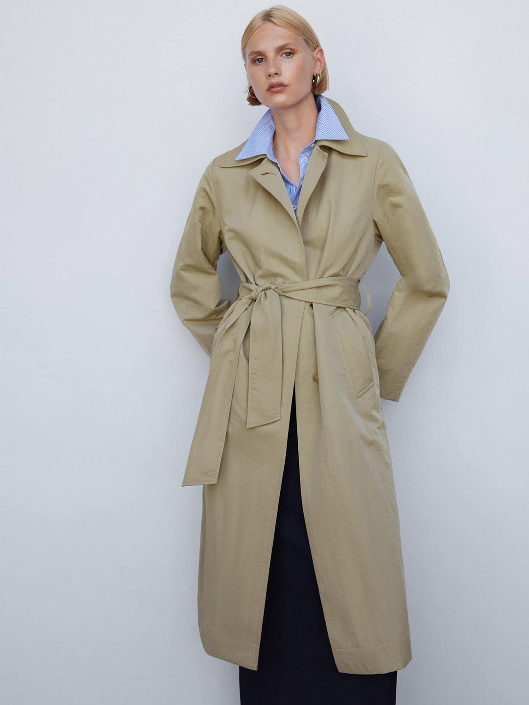 

MANGO Waist Tie-Up Longline Trench Coat, Beige