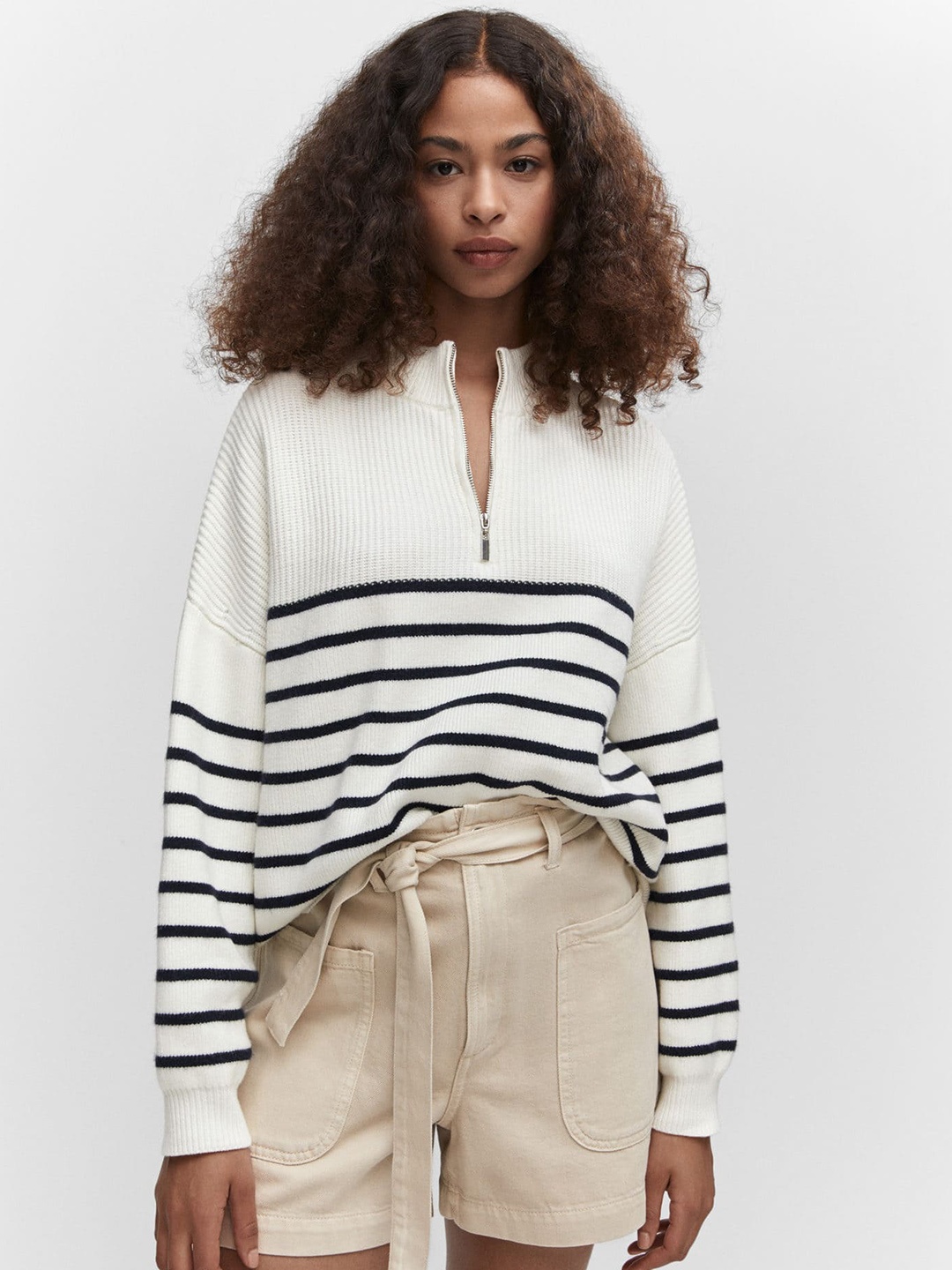 

MANGO Mock Collar Long Sleeves Striped Pullover, White