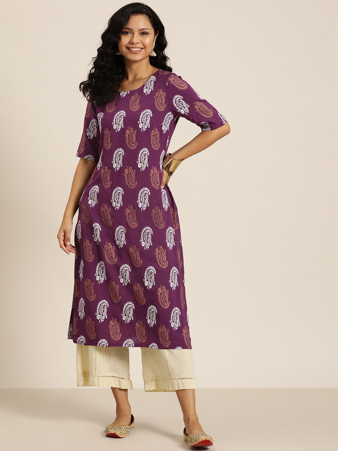 

HERE&NOW Ethnic Motifs Printed Kurta, Purple