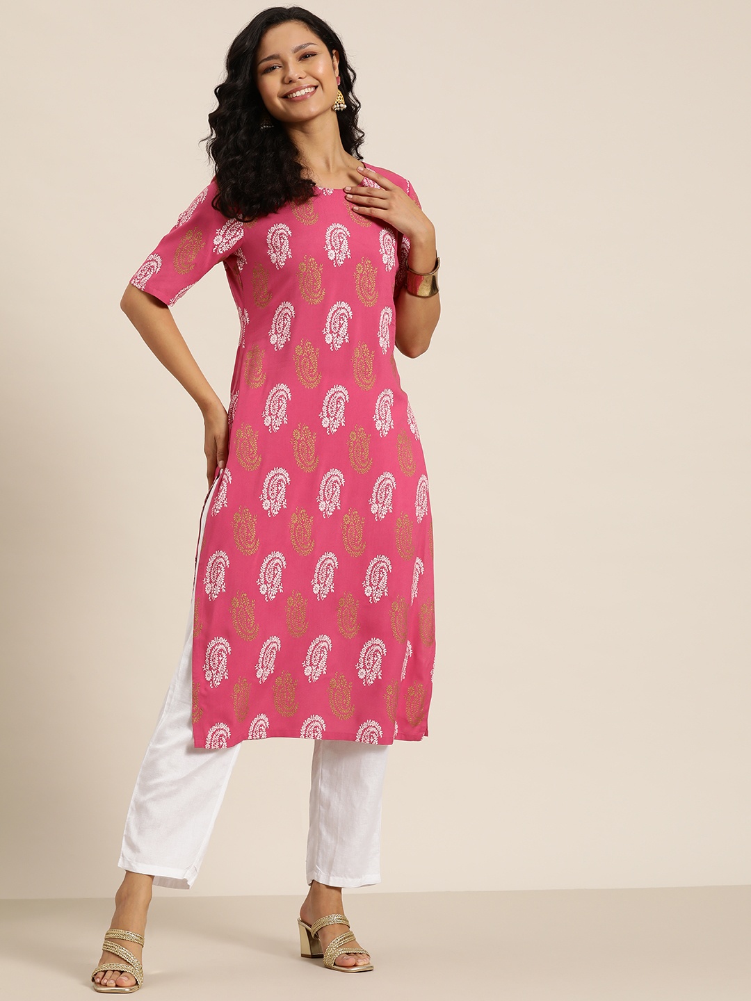 

HERE&NOW Ethnic Motifs Printed Kurta, Pink