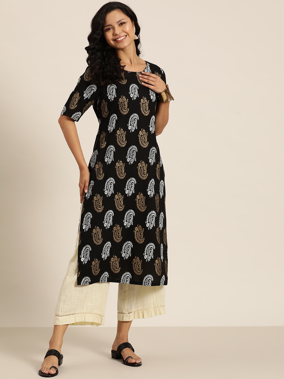 

HERE&NOW Ethnic Motifs Printed Kurta, Black