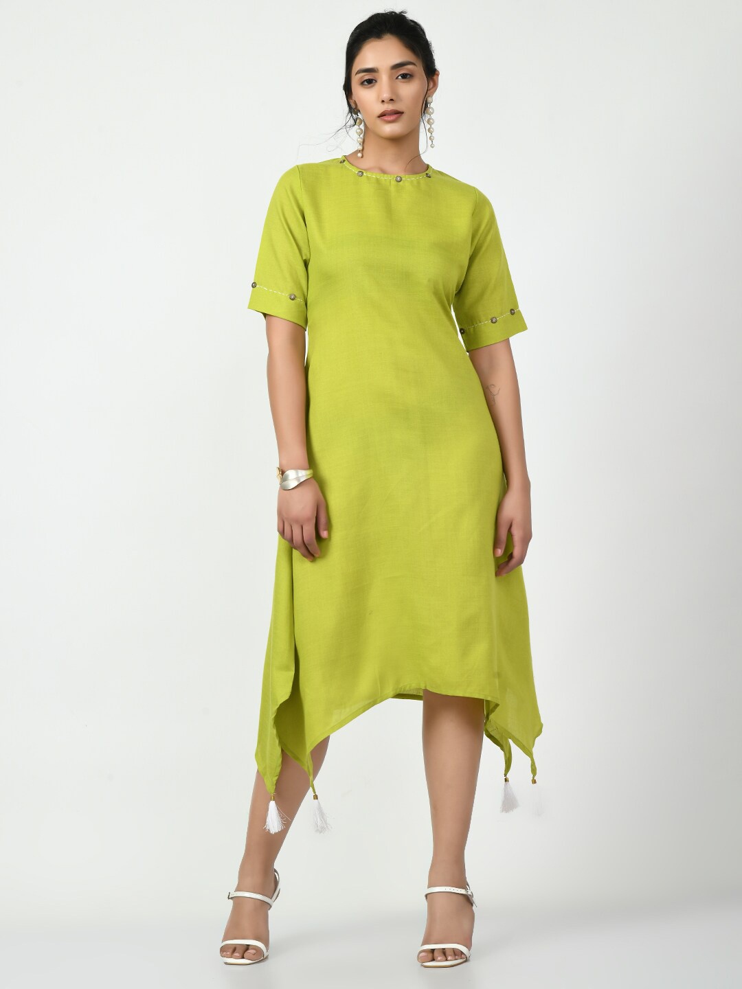 

DressBerry Green Asymmetric Cotton A-Line Dress