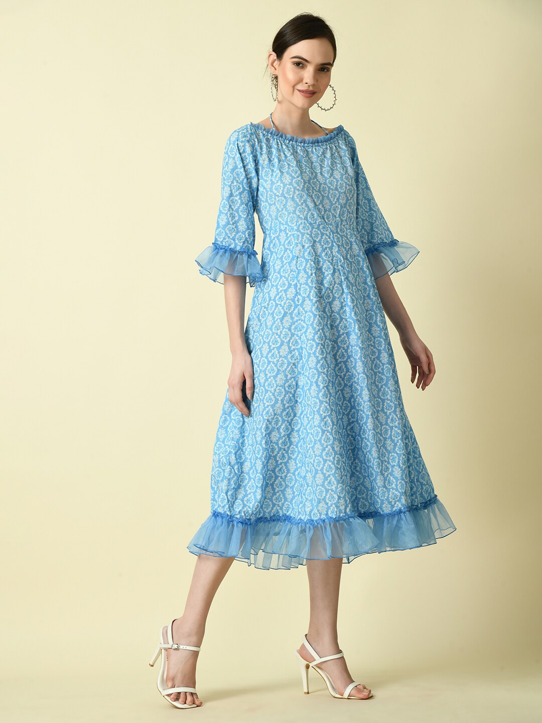 

DressBerry Ethnic Motifs Printed Bell Sleeve Ruffled A-Line Midi Dress, Blue
