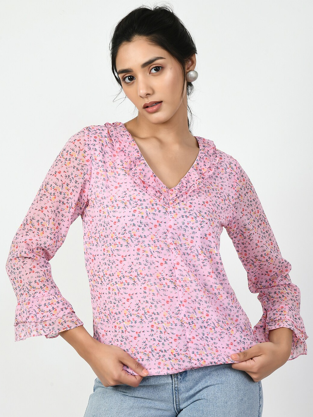 DressBerry Floral Print Ruffles Georgette Top, Pink