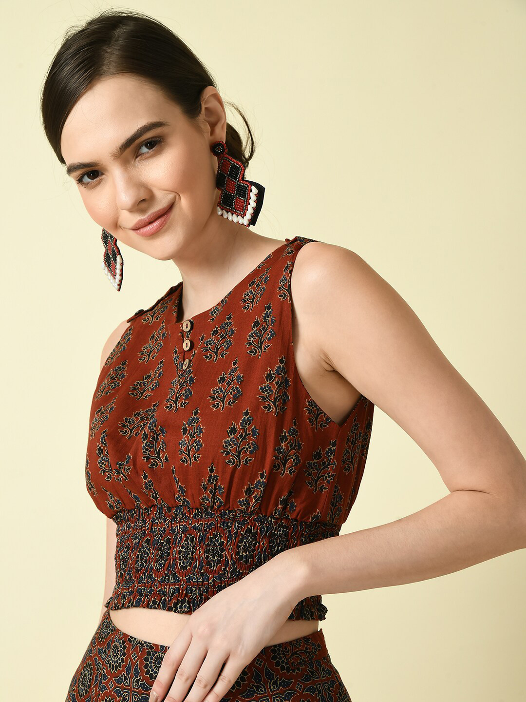 

DressBerry Floral Print Ethnic Pure Cotton Crop Top, Rust