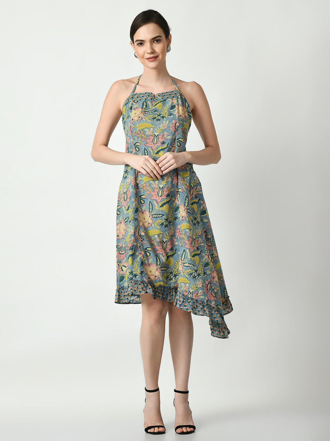 

DressBerry Grey Floral Printed Ruffled Cotton A-Line Dress