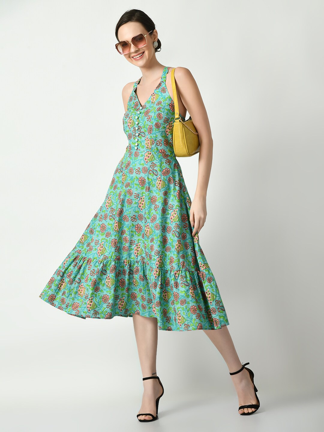 

DressBerry Sea Green Floral Printed Sleeveless Cotton Fit & Flare Midi Dress
