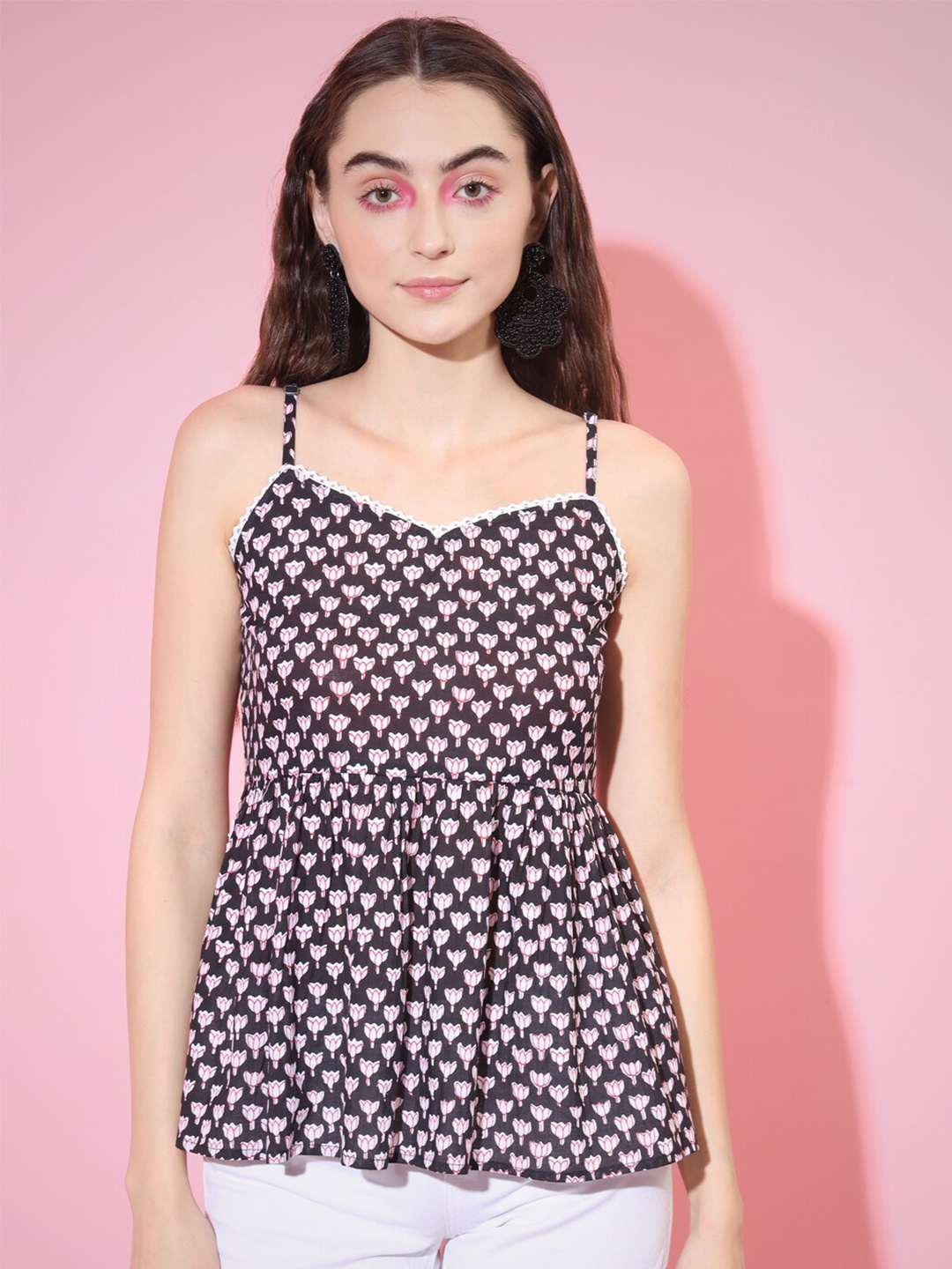 

DressBerry Geometric Print Ethnic Cotton Top, Black