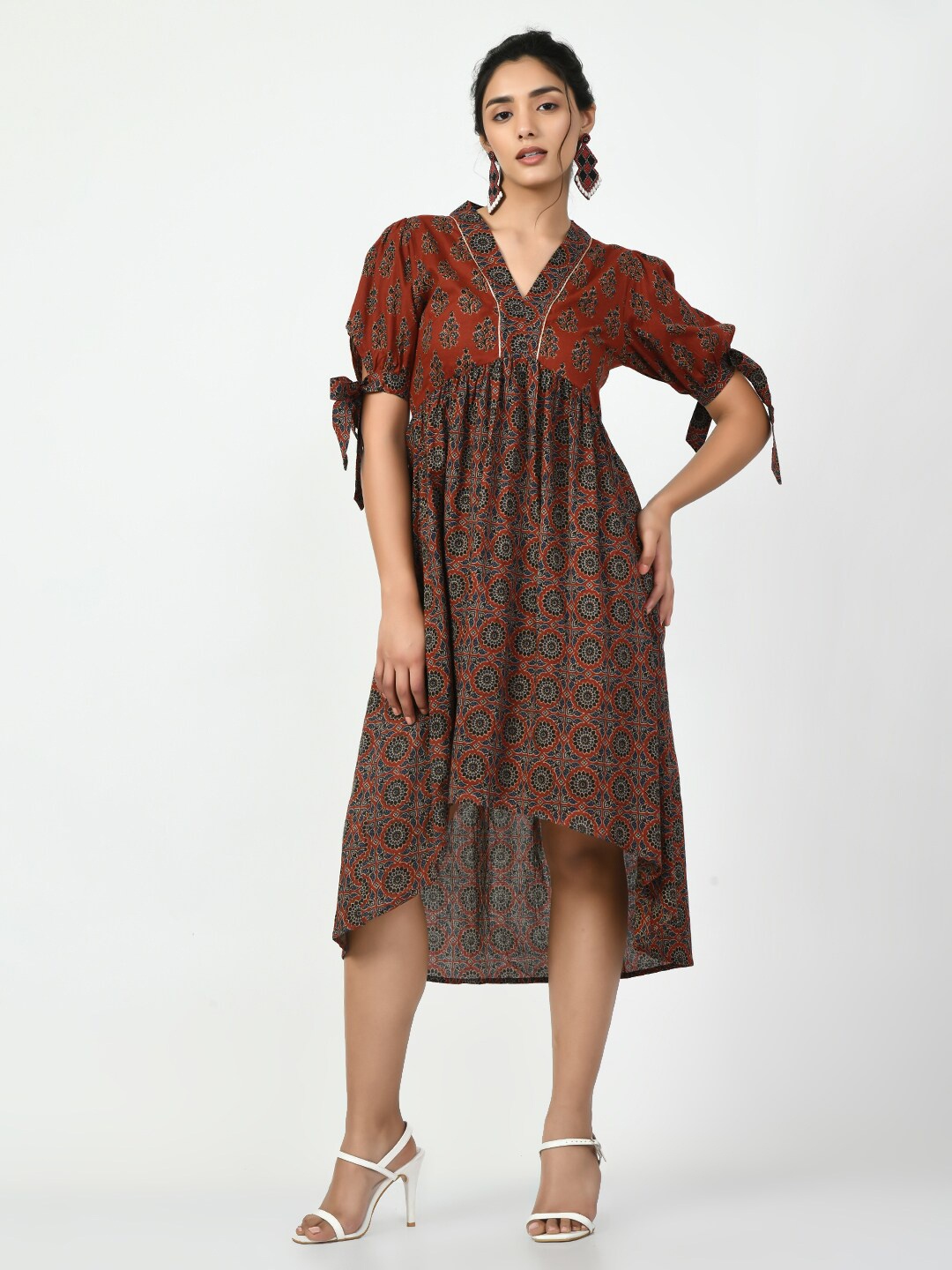 

DressBerry Rust Ethnic Motifs Printed Puff Sleeve High-Low Cotton Empire Midi Dress