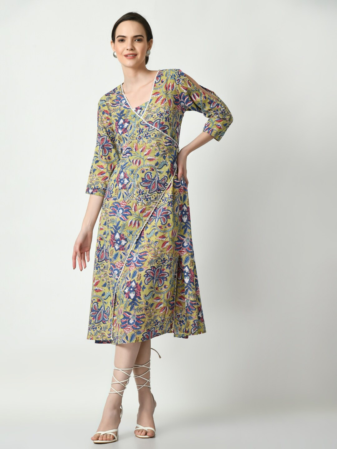 

DressBerry Yellow Floral Printed Cold-Shoulder Cotton A-Line Midi Dress