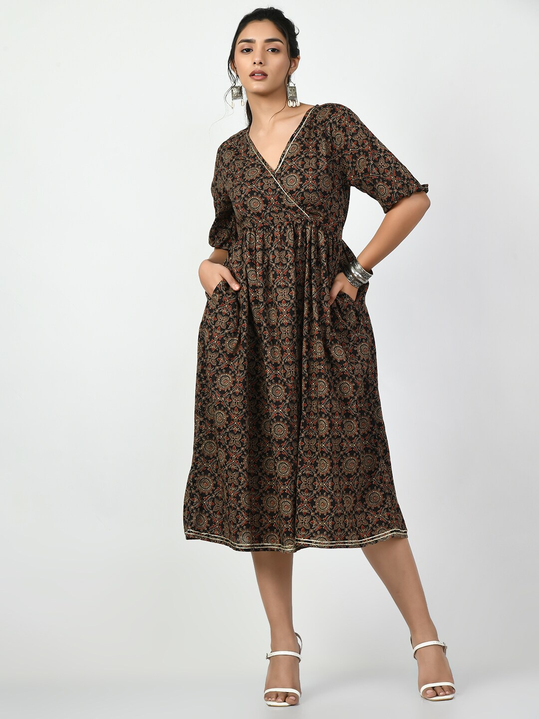 

DressBerry Brown Floral Printed Fit & Flare Cotton Midi Dress