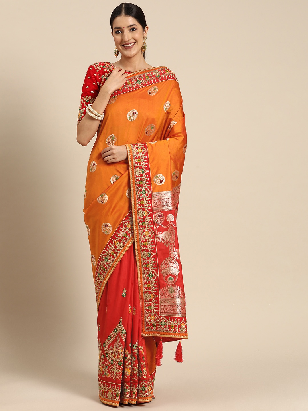 

MANOHARI Floral Zari Silk Blend Banarasi Saree, Orange