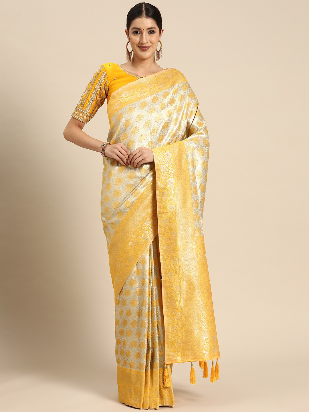 

MANOHARI Woven Design Ethnic Motifs Zari Banarasi Saree, Yellow