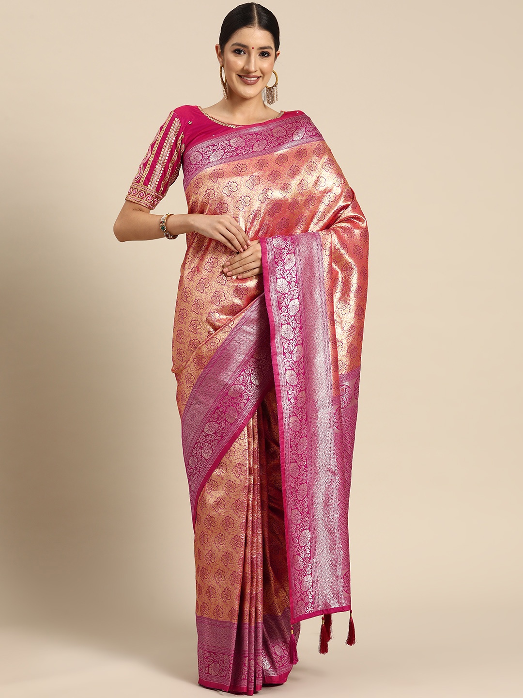 

MANOHARI Woven Design Ethnic Motifs Zari Banarasi Saree, Maroon