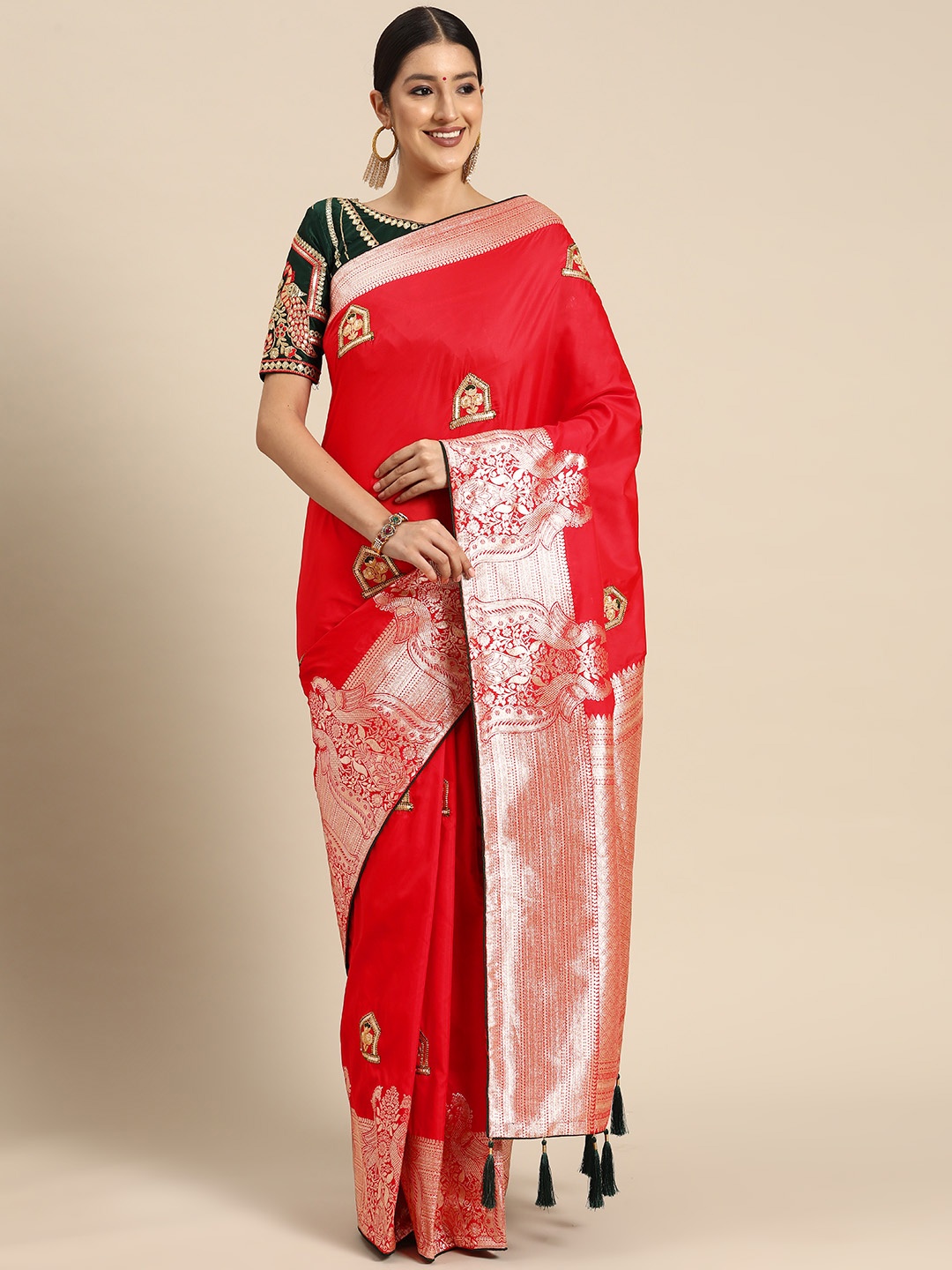 

MANOHARI Woven Design Ethnic Motifs Zari Banarasi Saree, Red